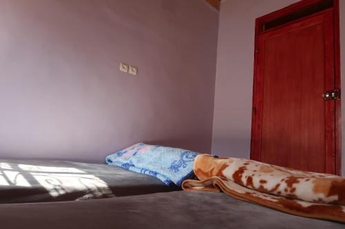 a dog laying on a bed next to a door at Gite Megdaz in Megdaz