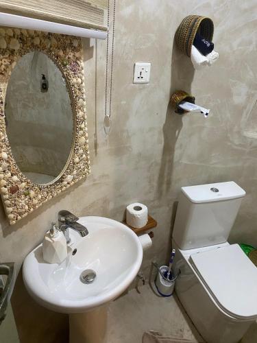 a bathroom with a sink and a toilet and a mirror at Oasis beach resort in Cape Coast