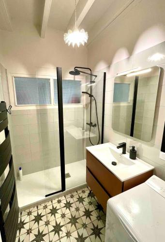 a bathroom with a shower and a sink at Maison face à la mer in Sarzeau