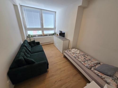 a living room with a couch and a window at Spirit apartments Brno, with parking in Brno