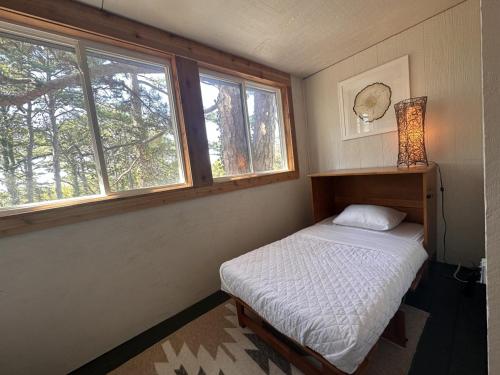 a small bedroom with a bed and two windows at Pine Lodge w King TT Beds Hot Tub Deck Grill in Eureka Springs