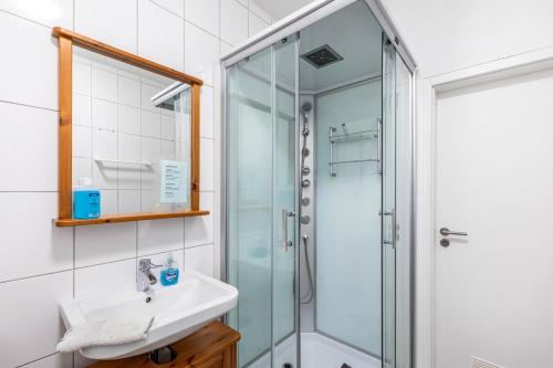 a bathroom with a glass shower and a sink at Bacchus Holiday Homes in Bacharach