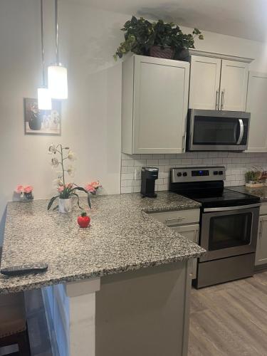 a kitchen with white cabinets and a counter top at Cozy Apartment Entire private 2bd 2ba in Canton