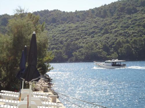 a boat in the water with a boat sidx at Apartments Livia in Lastovo