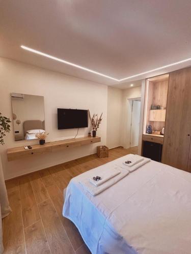 a bedroom with a large bed and a flat screen tv at Olive Apartments Vlore in Vlorë