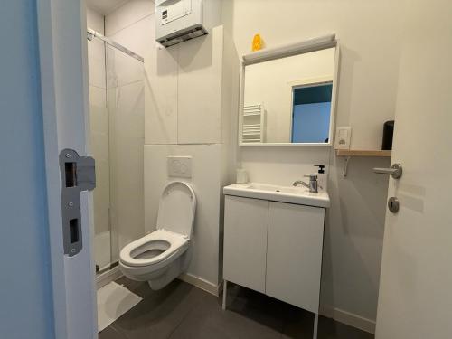 a white bathroom with a toilet and a sink at Green botanical studio 3 in Liège