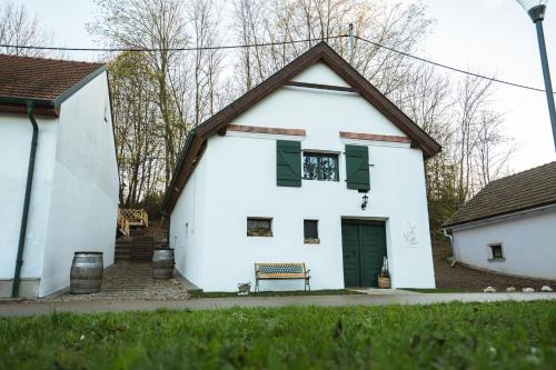 a white house with green shuttered windows and a bench at Weinfass Chalet Für 8 In Grub An Der March in Grub an der March