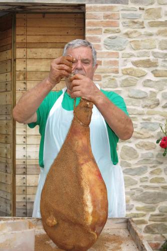 a man is holding a large vase in front of a building at Agriturismo Biologico Villa Rosa in Monte Guiduccio