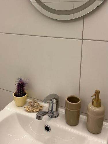 a bathroom sink with two cups and a faucet at Pievu namelis in Venta
