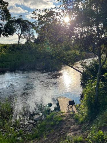 a bench sitting next to a river with the sun at Pievu namelis in Venta