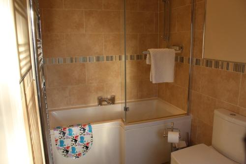 a bathroom with a shower with a tub and a toilet at A Family Apartment in Sleights - 2D Lowdale Lane in Sleights