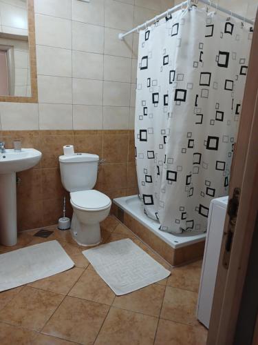 a bathroom with a toilet and a shower curtain at Studio apartman Monte 2 in Tivat