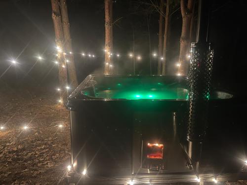 a jacuzzi tub at night with lights at Pievu namelis in Venta