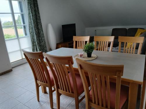 a dining room with a table and chairs at Ferien- und Pferdehof Egelkraut "Feriendomizil am Meer" in Wangerland