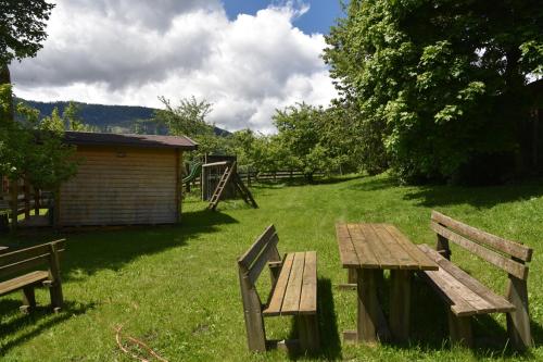 a picnic table and benches in a field at Pension Panorama in Monguelfo
