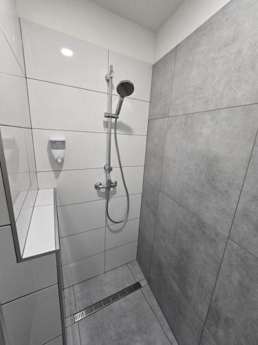 a shower stall in a bathroom with a shower at Spirit apartments Brno, with parking in Brno