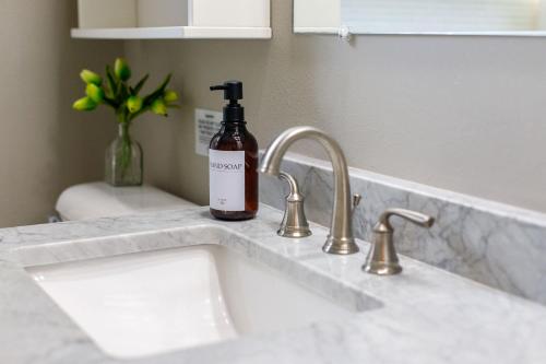 a bottle of soap sitting on a kitchen sink at Crane Haven - Walk to CyRide Games & Grill in Ames