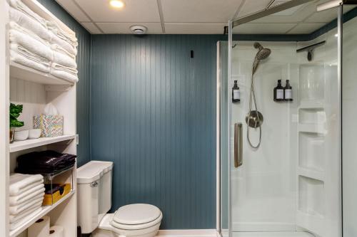 a bathroom with a shower and a toilet at Crane Haven - Walk to CyRide Games & Grill in Ames