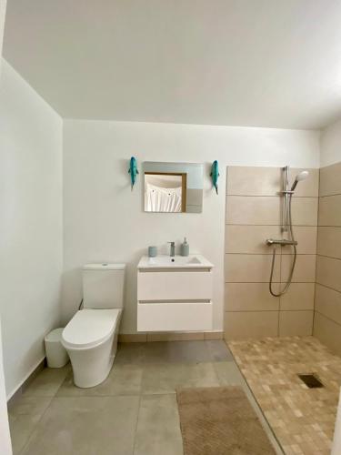 a bathroom with a toilet and a sink and a shower at Vanille et Vahiné FR2PF8AL in Grand-Bourg