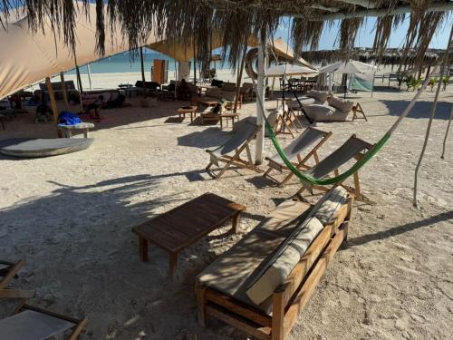 a group of chairs and hammocks on a beach at Hotel Encanto Holbox Beach Front in Holbox Island