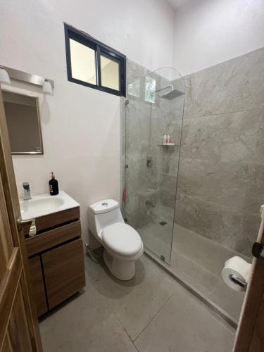 a bathroom with a shower and a toilet and a sink at Pura Vida 2 Bed 2 Bath Montezuma in Montezuma