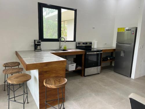 a kitchen with a counter and a sink and a refrigerator at Pura Vida 2 Bed 2 Bath Montezuma in Montezuma