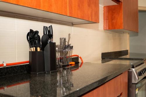 a kitchen counter with utensils in a knife block at RJV Apartments, Meanwood Ibex Hill, Lusaka in Lusaka