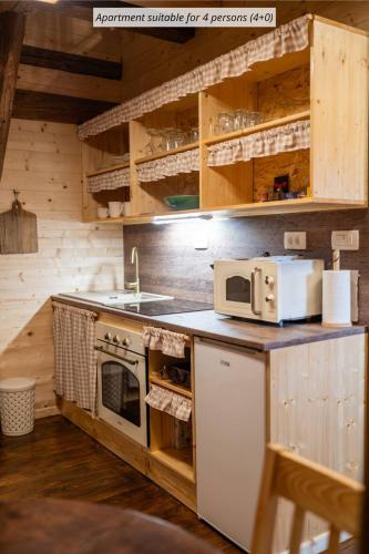 a kitchen with a stove and a microwave at Apartmaji Babi in Markovci