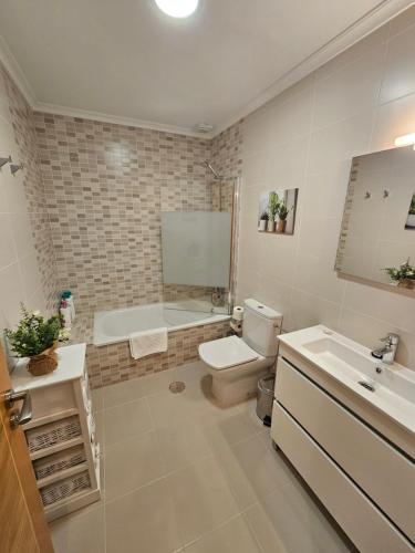 a bathroom with a toilet and a tub and a sink at Natalia in Allariz