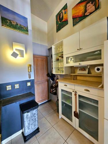 a kitchen with blue and white walls and a trash can at La Belle Vue in Ganges