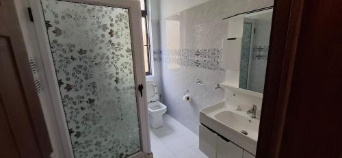 a bathroom with a shower and a toilet and a sink at Rama Villas Mauritius in Trou aux Biches