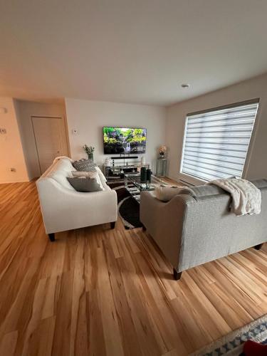 ein Wohnzimmer mit zwei Sofas und einem Flachbildfernseher in der Unterkunft Appartement BBNK in Mirabel