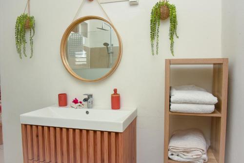 a bathroom with a sink and a mirror at Lisalyne in Le Moule