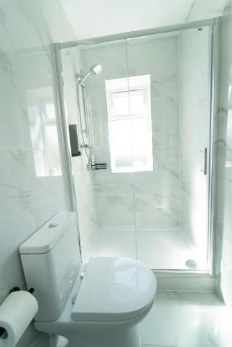 a white bathroom with a shower and a toilet at Centra High Road in London