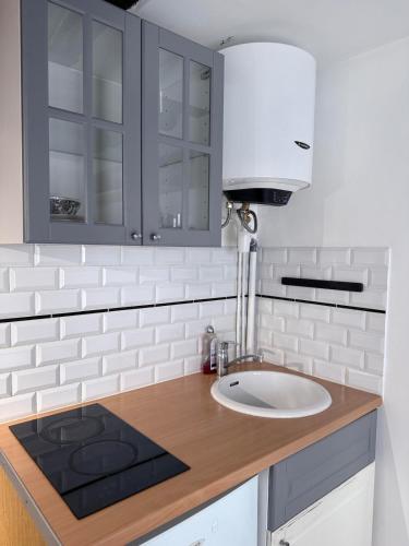 a bathroom counter with a sink and a lamp at Elegant Studio near Pompidou Center in Paris
