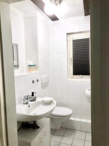 a white bathroom with a toilet and a sink at Moderne Fachwerk-Wohnung im Herzen von Herborn in Herborn
