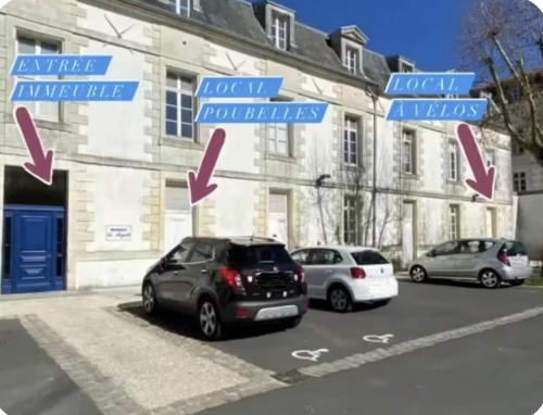 a car parked in front of a building with street signs at Le Studio des Demoiselles in Rochefort