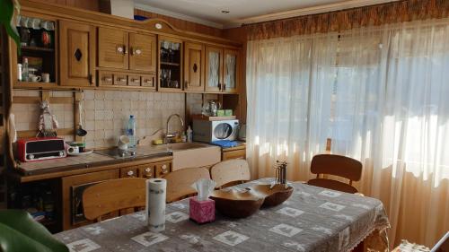 a kitchen with a table and chairs and a table and a kitchen at Будинок на воді in Kiylov
