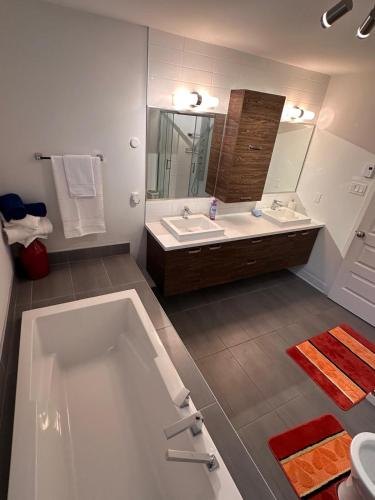 ein Badezimmer mit Badewanne, Waschbecken und Spiegel in der Unterkunft Appartement BBNK in Mirabel
