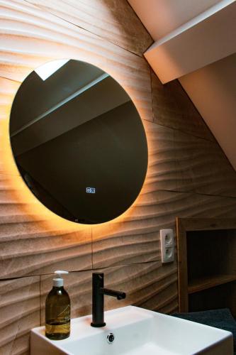 a bathroom with a sink and a mirror on the wall at suite Alphonsine in Incourt