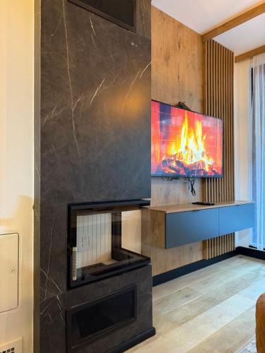 a living room with a fireplace and a tv at Alpine Noir in Bjelašnica