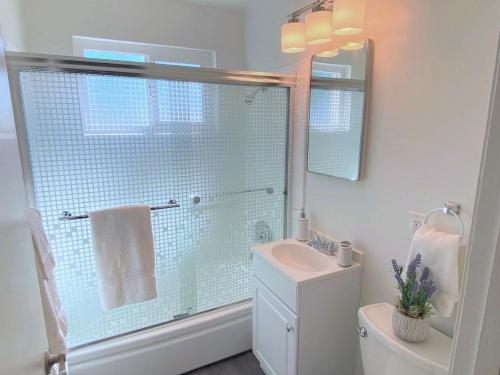 a bathroom with a shower and a toilet and a sink at Downtown-King Bed-Top Floor-Parking-Wi-Fi in Walnut Creek