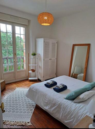 a bedroom with a large bed with a mirror at VILLA 1900 Bord de mer piscine SPA Nordique in Saint-Brevin-les-Pins