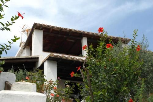 a house with red flowers in front of it at Arcaidu Apartment Mit Bezaubernder Aussicht in Porto Columbu - Perdʼe Sali