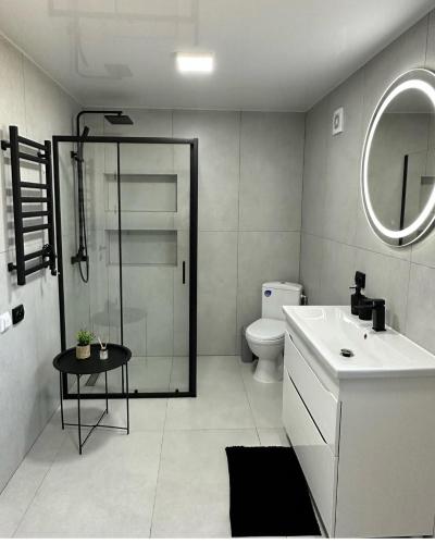 a bathroom with a shower and a sink and a toilet at Pink House Karpaty in Krivorovnya