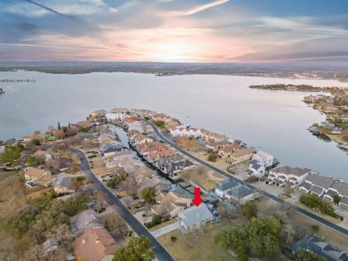an aerial view of a town next to a body of water at Luxury on Lake LBJ with Hot Tub Firepit & Boat Slip in Horseshoe Bay