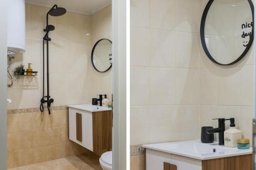 ein Badezimmer mit Toilette, Waschbecken und Spiegel in der Unterkunft Villa YASNA - Art of slow living in Sredno Gradishte