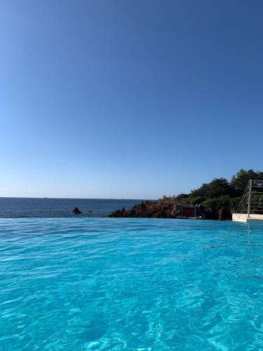 Grand studio terrasse vue mer pieds dans l'eau piscine