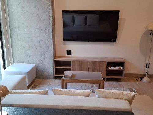 a living room with a couch and a flat screen tv at New 1-bedroom apartment Expo Guadalajara in Guadalajara