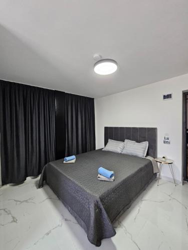 a bedroom with a large bed with two towels on it at Complex Casa Dami 